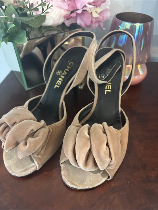 CHANEL Shoes - Authentic CHANEL Tan Velvet Ruched Slingback Peep-Toe Heels